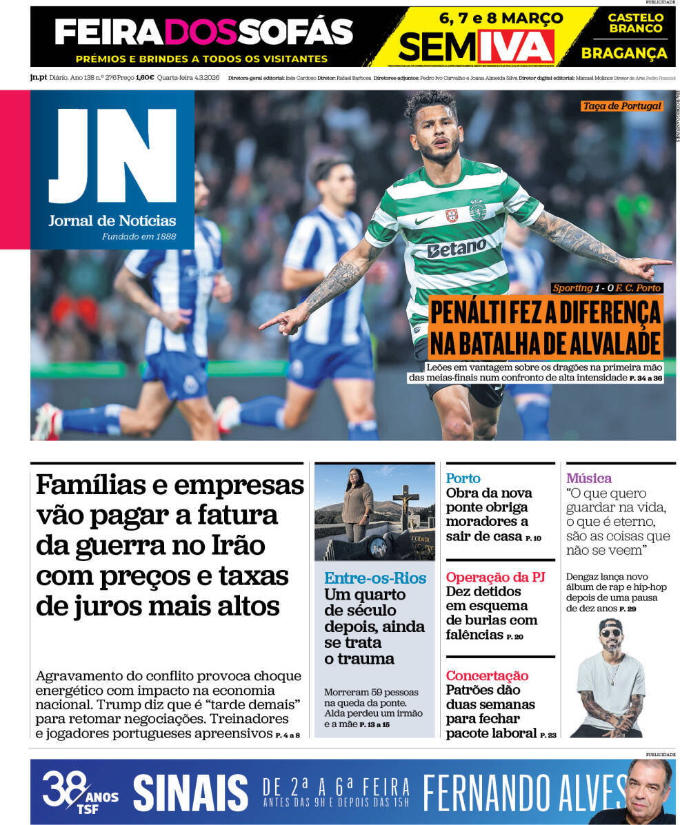 Jornal de Not&iacute;cias: Capa da Edi&ccedil;&atilde;o de quarta-feira, 04 de mar&ccedil;o 2026