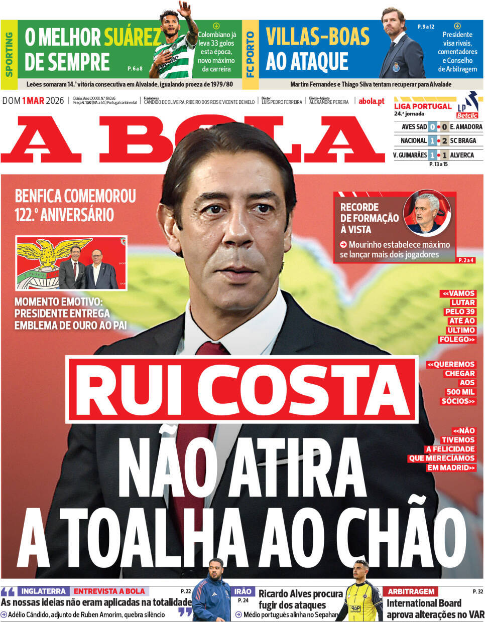 A Bola: Capa da Edi&ccedil;&atilde;o de domingo, 01 de mar&ccedil;o 2026