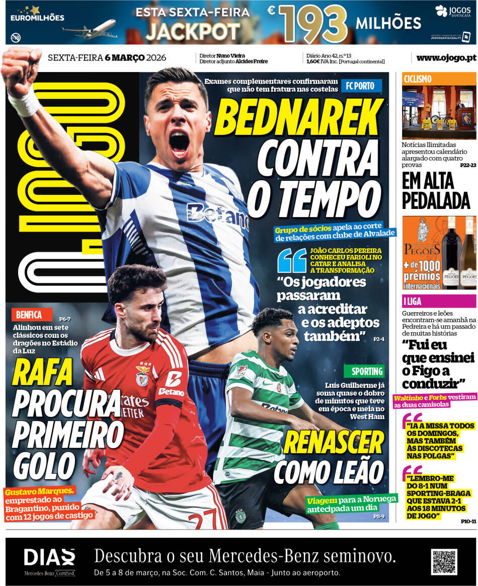 O Jogo: Capa da Edi&ccedil;&atilde;o de sexta-feira, 06 de mar&ccedil;o 2026