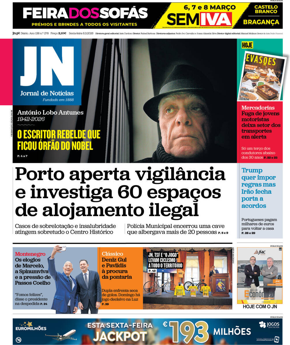Jornal de Not&iacute;cias: Capa da Edi&ccedil;&atilde;o de sexta-feira, 06 de mar&ccedil;o 2026