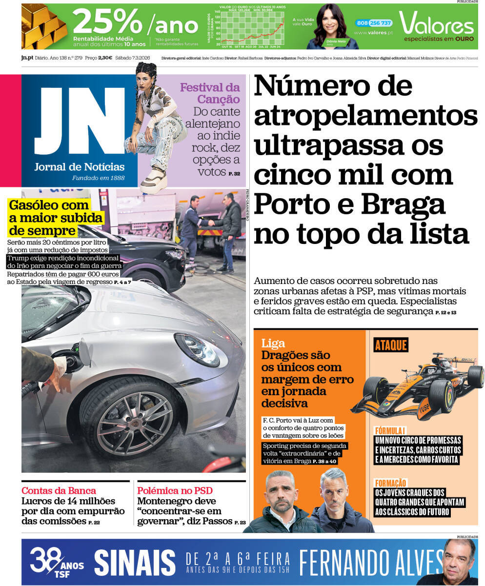Jornal de Not&iacute;cias: Capa da Edi&ccedil;&atilde;o de s&aacute;bado, 07 de mar&ccedil;o 2026