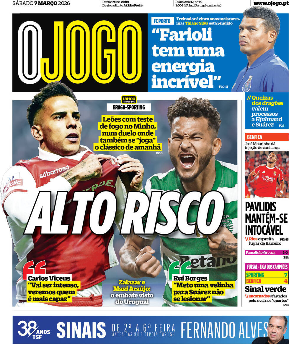 O Jogo: Capa da Edi&ccedil;&atilde;o de s&aacute;bado, 07 de mar&ccedil;o 2026