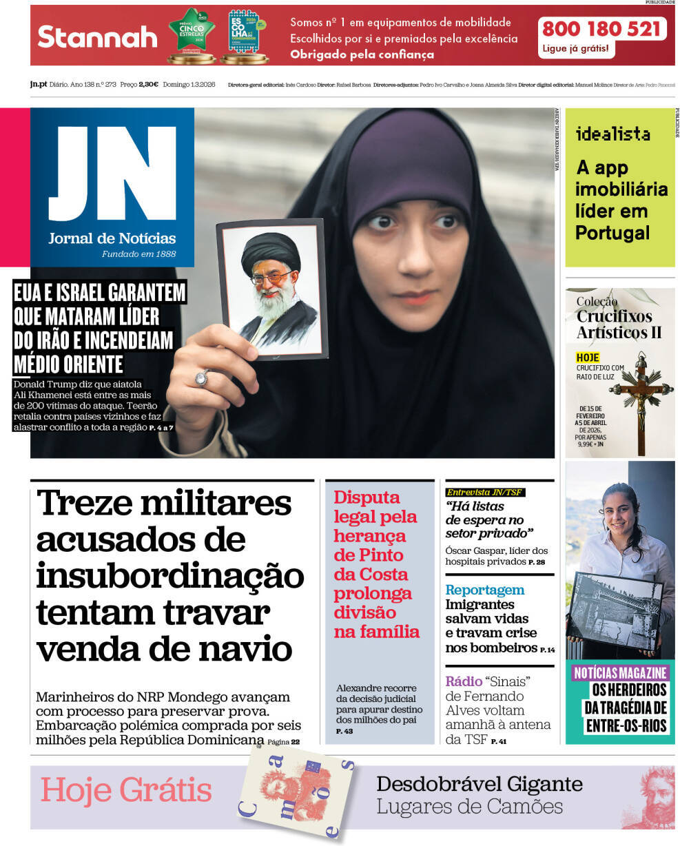 Jornal de Not&iacute;cias: Capa da Edi&ccedil;&atilde;o de domingo, 01 de mar&ccedil;o 2026