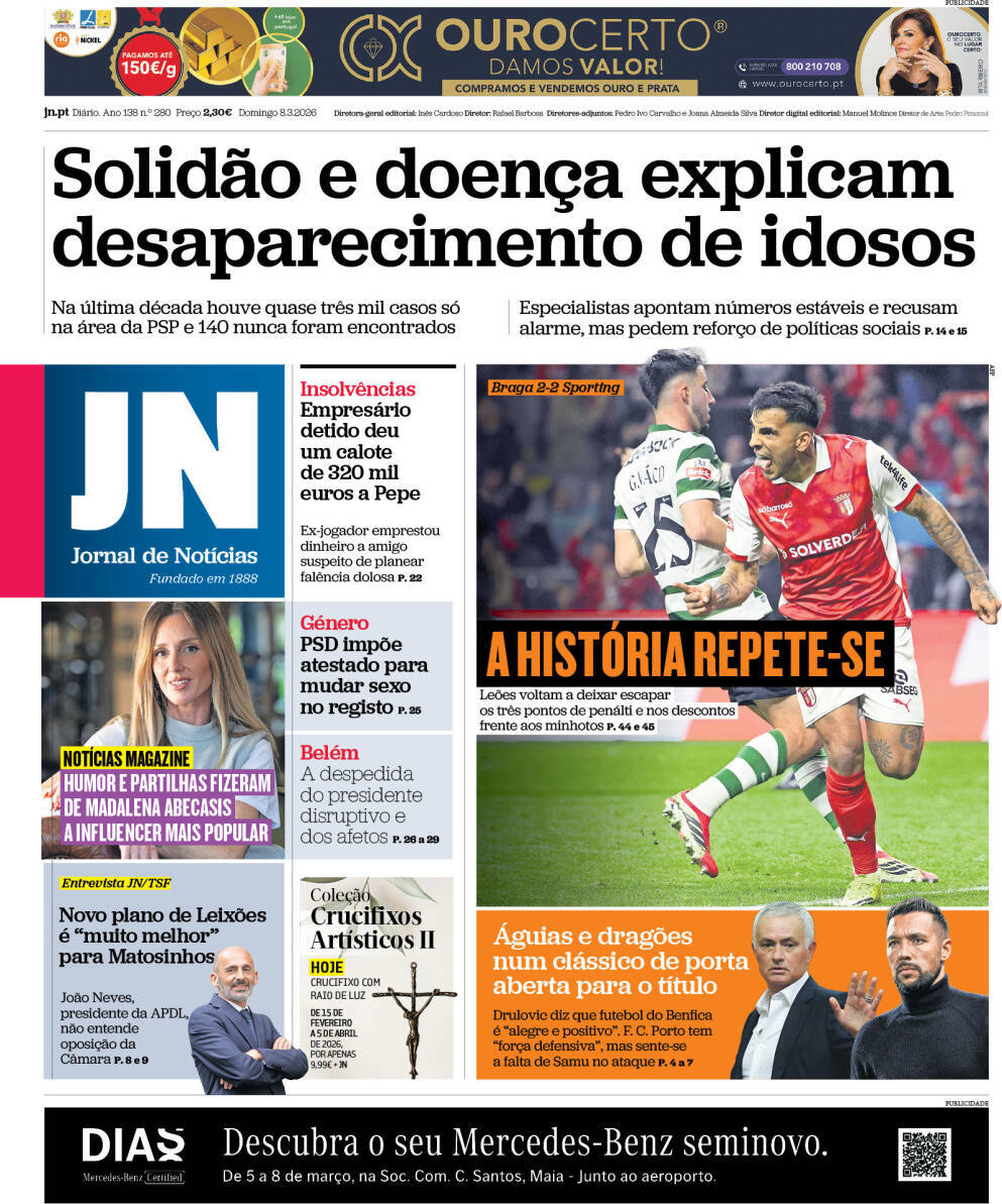 Jornal de Not&iacute;cias: Capa da Edi&ccedil;&atilde;o de domingo, 08 de mar&ccedil;o 2026