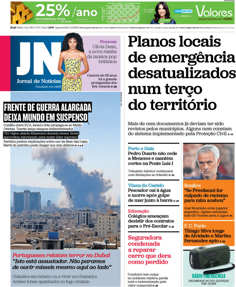 Jornal de Not&iacute;cias: Capa da Edi&ccedil;&atilde;o de segunda-feira, 02 de mar&ccedil;o 2026