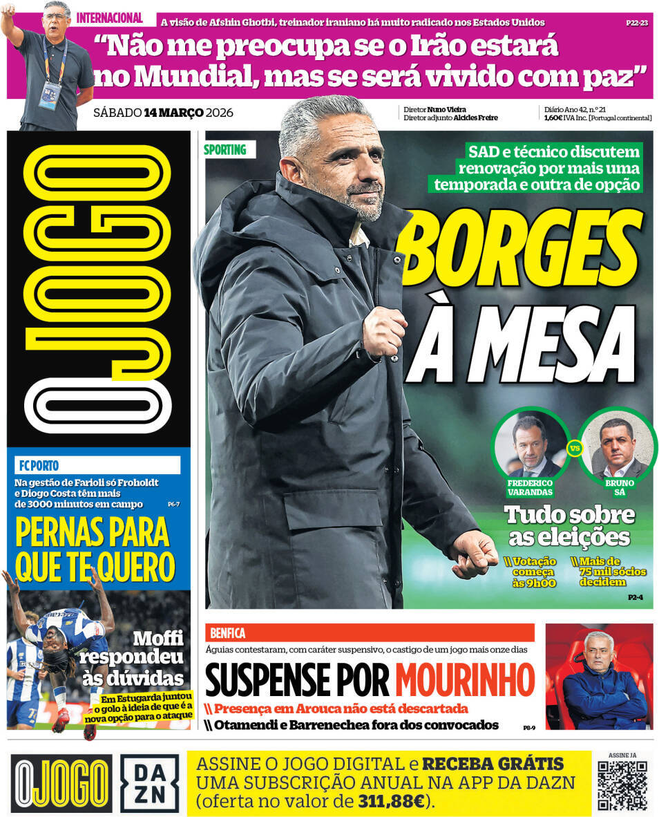 O Jogo: Capa da Edi&ccedil;&atilde;o de s&aacute;bado, 14 de mar&ccedil;o 2026