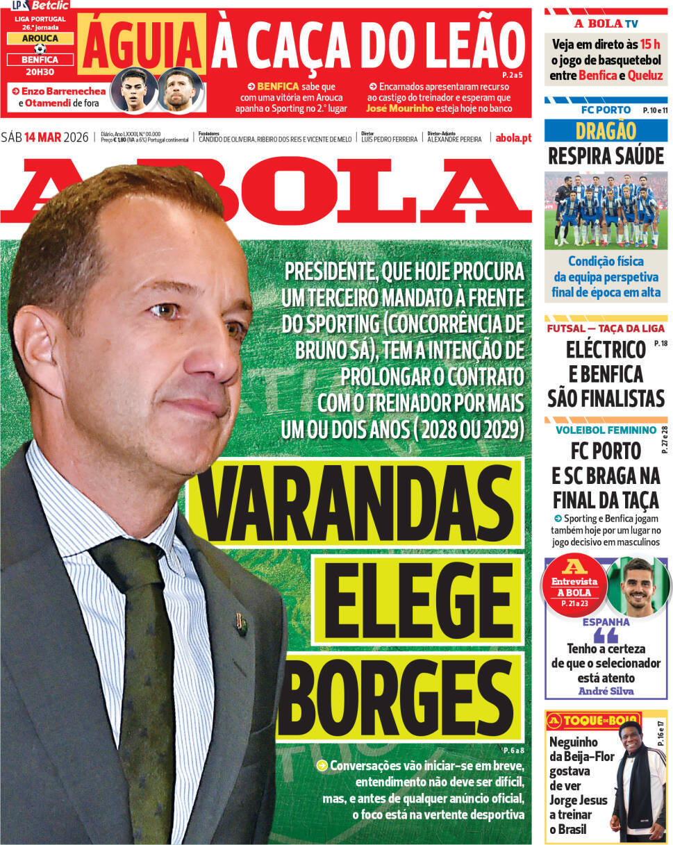A Bola: Capa da Edi&ccedil;&atilde;o de s&aacute;bado, 14 de mar&ccedil;o 2026