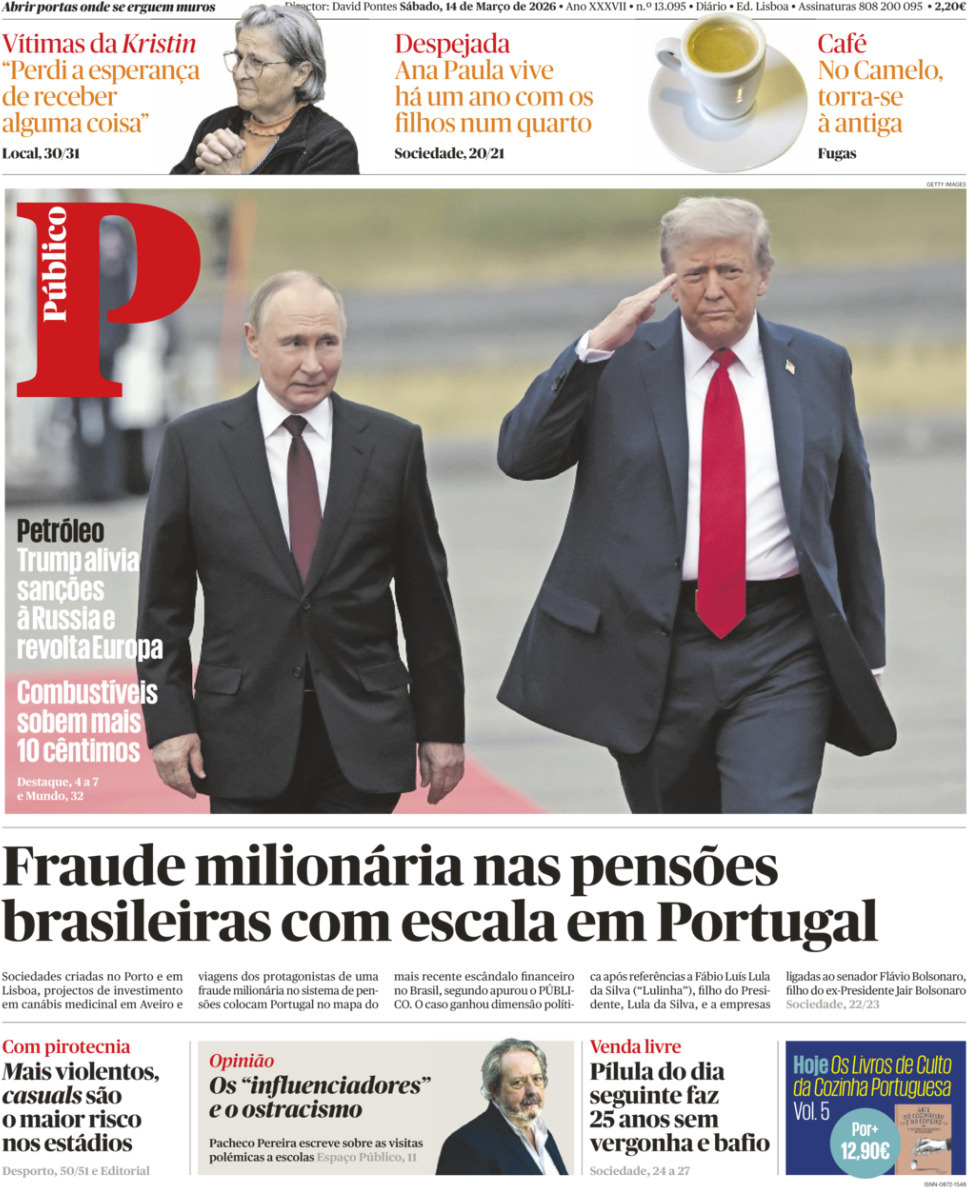 P&uacute;blico: Capa da Edi&ccedil;&atilde;o de s&aacute;bado, 14 de mar&ccedil;o 2026