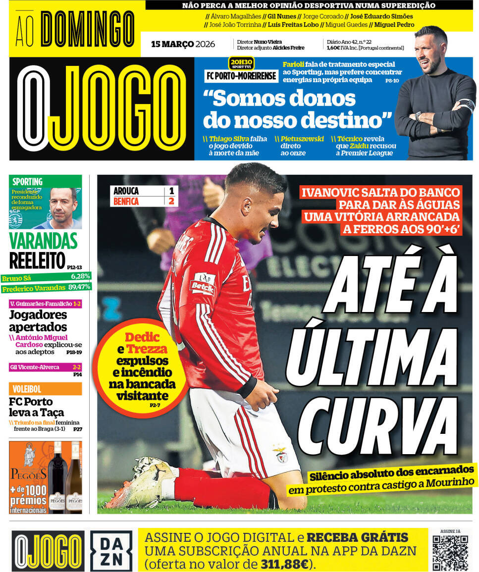 A Bola: Capa da Edi&ccedil;&atilde;o de domingo, 15 de mar&ccedil;o 2026