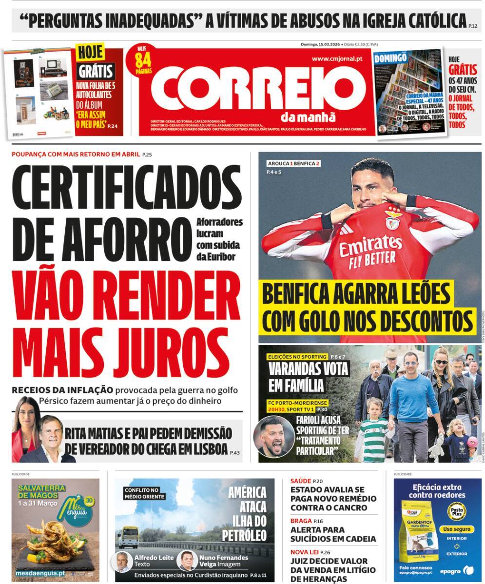 Correio da Manh&atilde;: Capa da Edi&ccedil;&atilde;o de domingo, 15 de mar&ccedil;o 2026