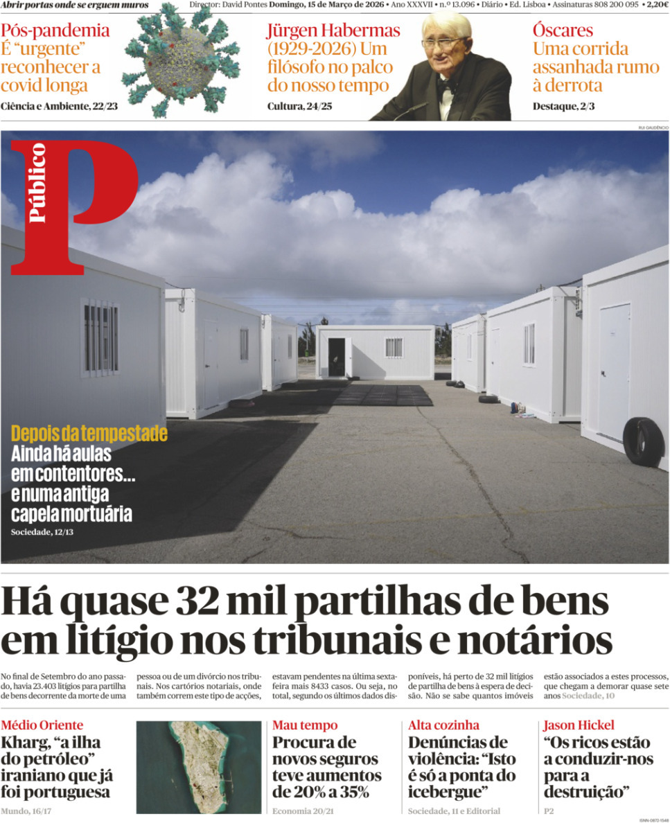 P&uacute;blico: Capa da Edi&ccedil;&atilde;o de domingo, 15 de mar&ccedil;o 2026