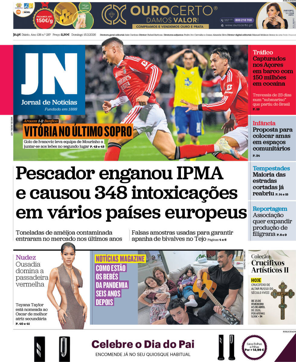 Jornal de Not&iacute;cias: Capa da Edi&ccedil;&atilde;o de domingo, 15 de mar&ccedil;o 2026