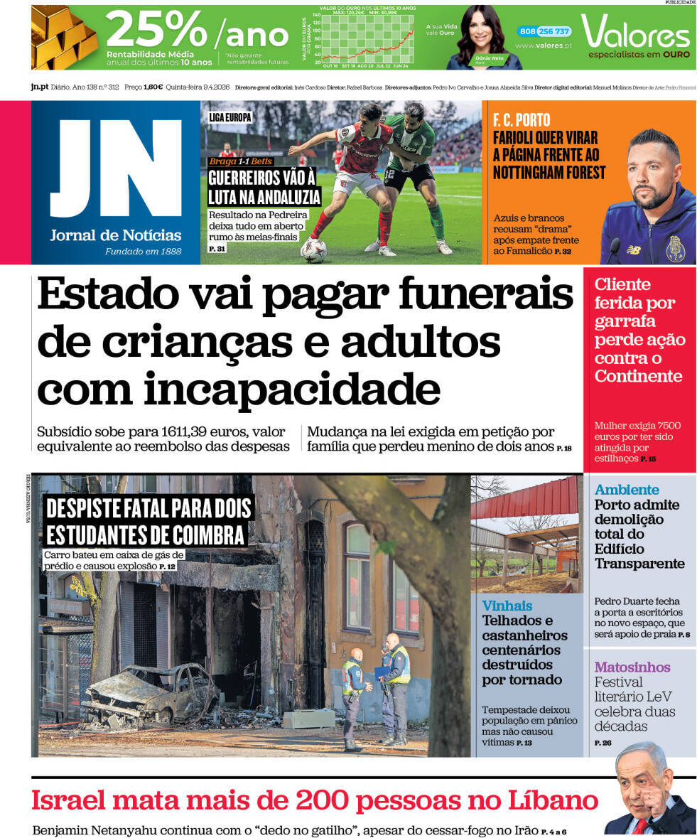 Jornal de Not&iacute;cias: Capa da Edi&ccedil;&atilde;o de quinta-feira, 09 de abril 2026