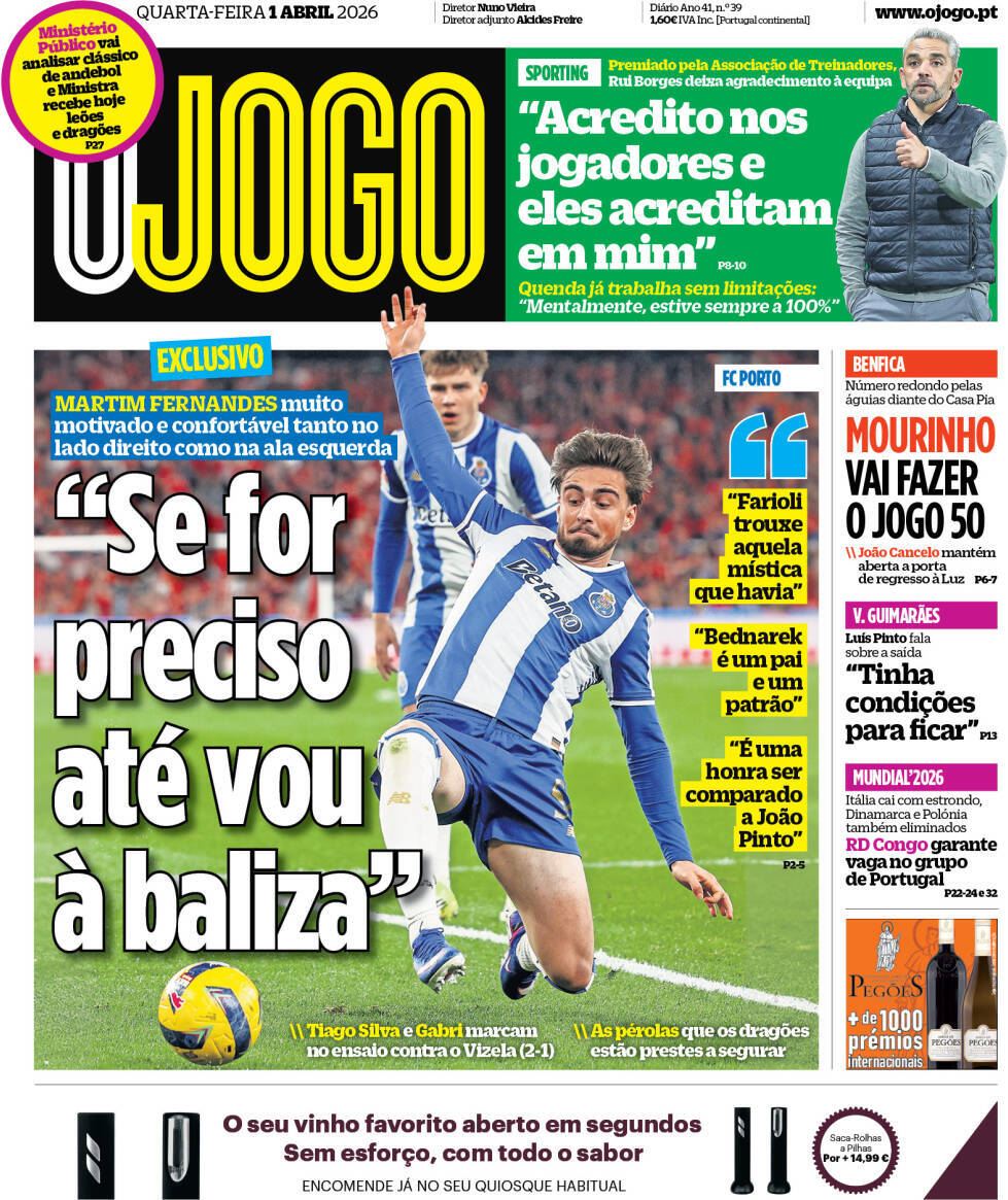 O Jogo: Capa da Edi&ccedil;&atilde;o de quarta-feira, 01 de abril 2026