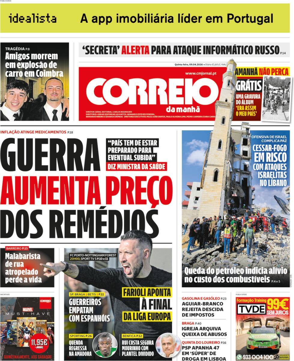 Correio da Manh&atilde;: Capa da Edi&ccedil;&atilde;o de quinta-feira, 09 de abril 2026