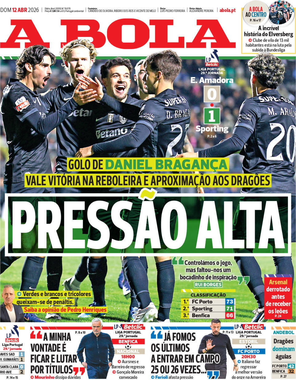 A Bola: Capa da Edi&ccedil;&atilde;o de domingo, 12 de abril 2026