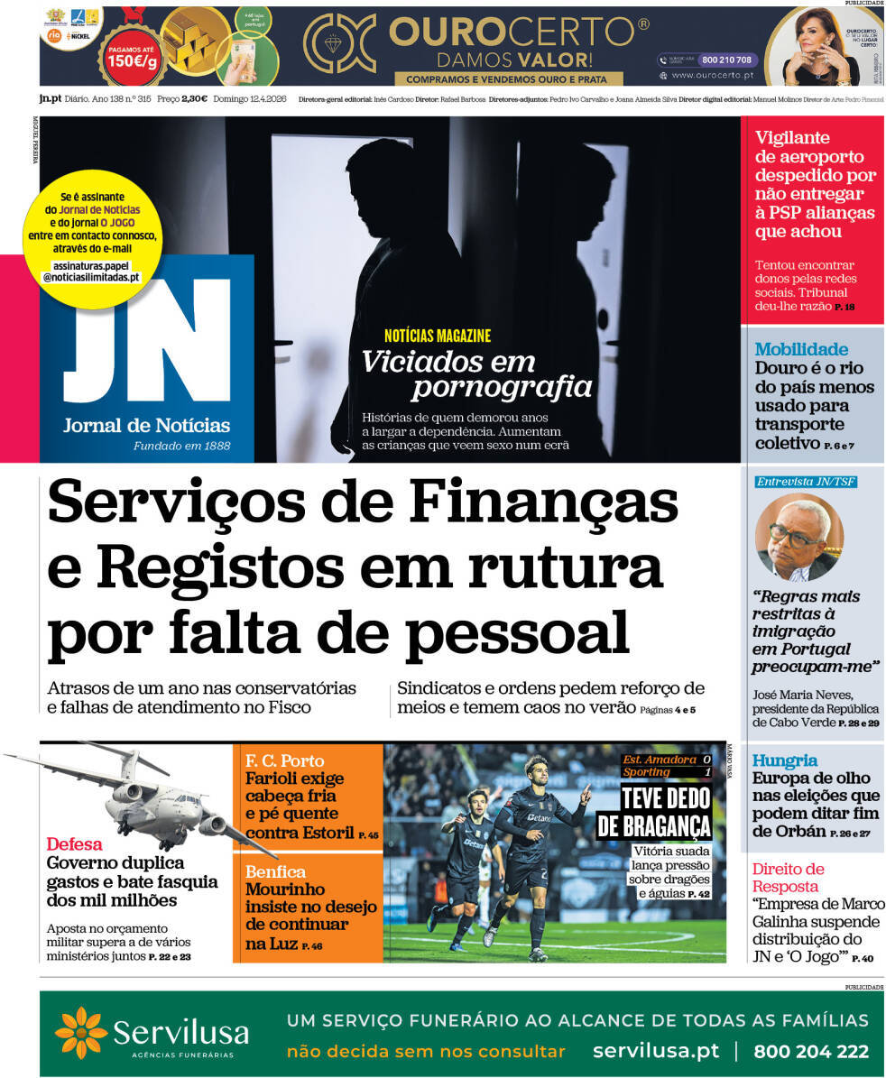 Jornal de Not&iacute;cias: Capa da Edi&ccedil;&atilde;o de domingo, 12 de abril 2026