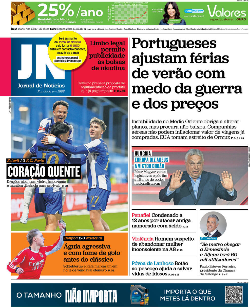 Jornal de Not&iacute;cias: Capa da Edi&ccedil;&atilde;o de segunda-feira, 13 de abril 2026