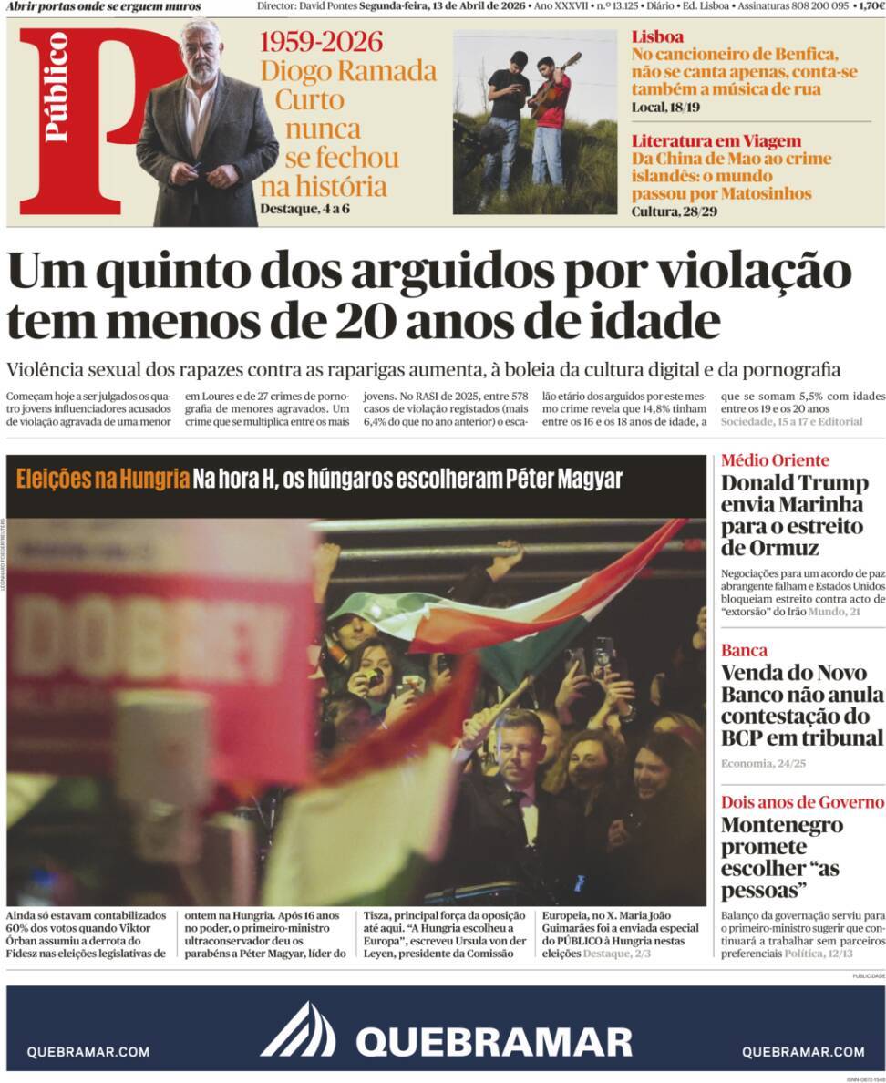 P&uacute;blico: Capa da Edi&ccedil;&atilde;o de segunda-feira, 13 de abril 2026