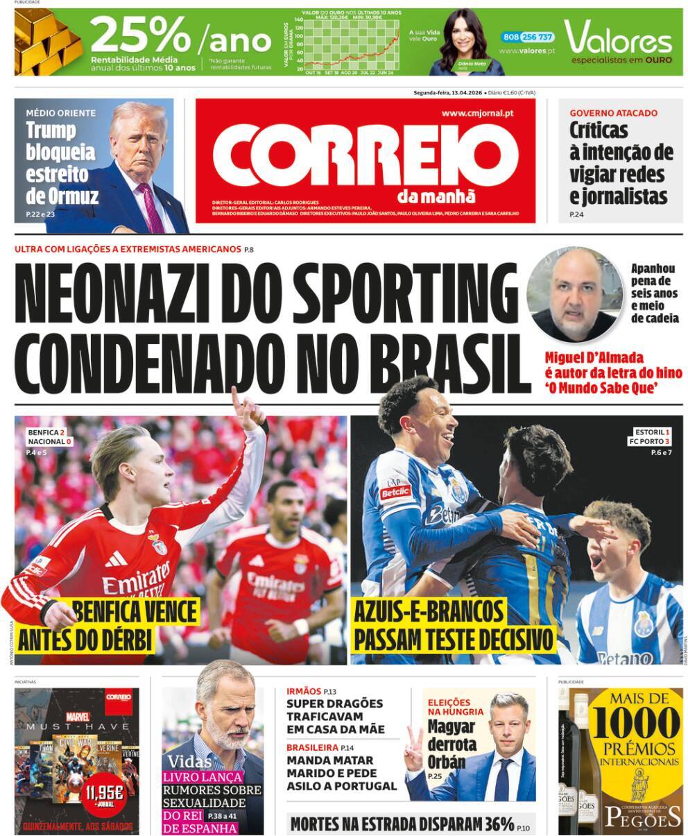 Correio da Manh&atilde;: Capa da Edi&ccedil;&atilde;o de segunda-feira, 13 de abril 2026