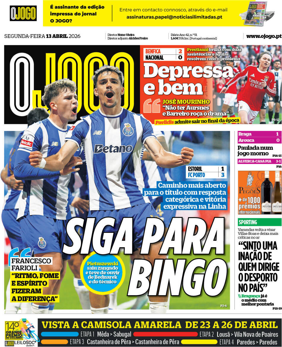 O Jogo: Capa da Edi&ccedil;&atilde;o de segunda-feira, 13 de abril 2026