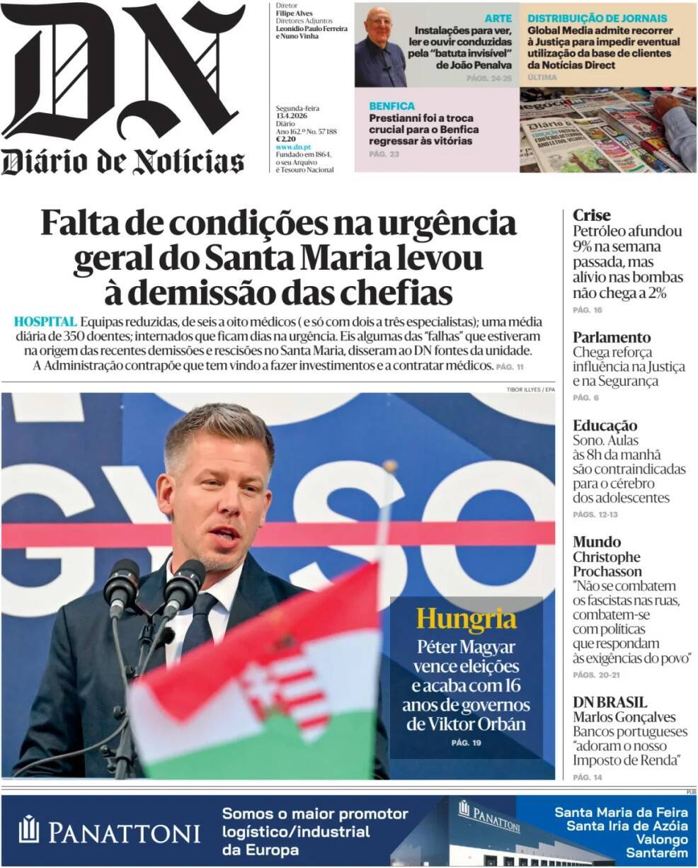 Di&aacute;rio de Not&iacute;cias: Capa da Edi&ccedil;&atilde;o de segunda-feira, 13 de abril 2026