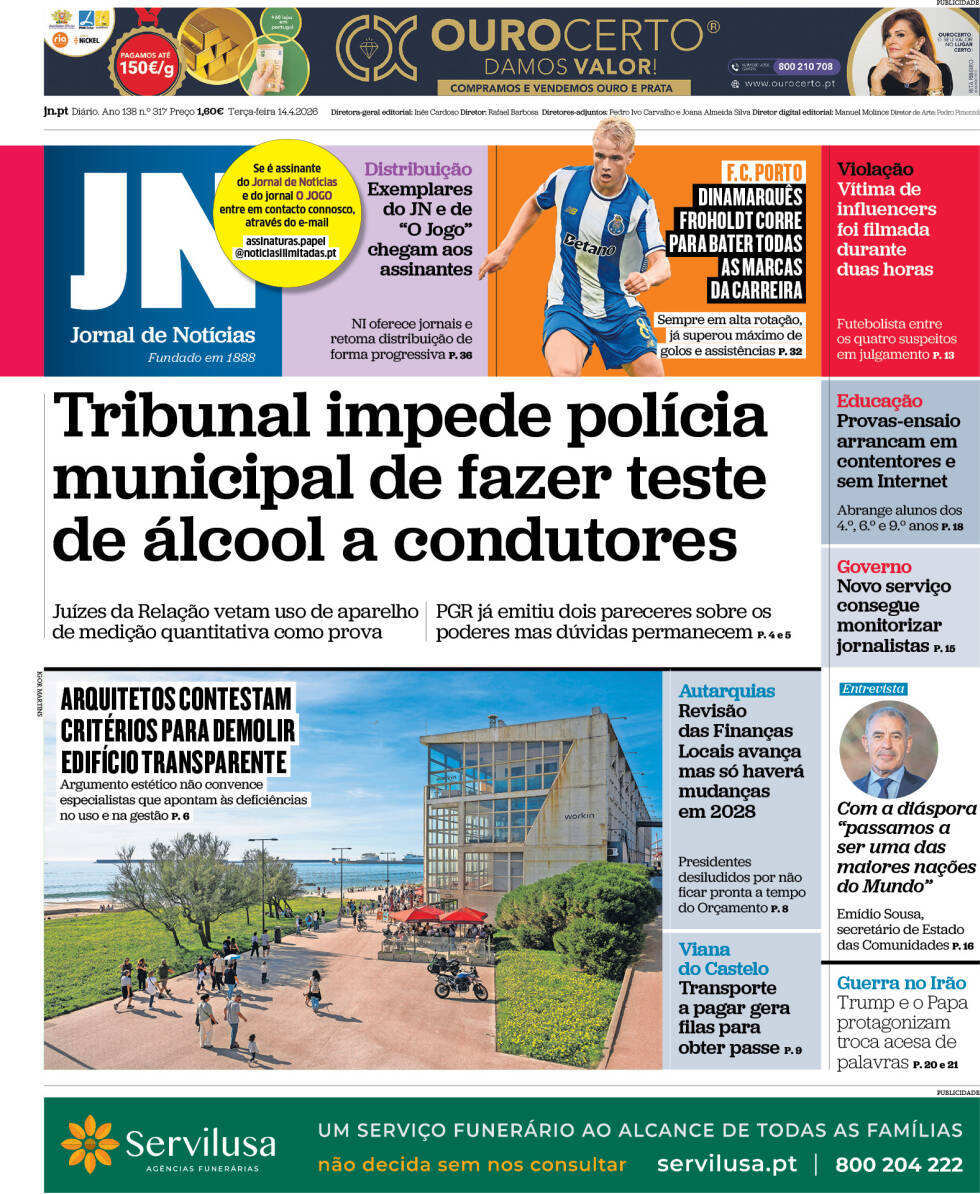 Jornal de Not&iacute;cias: Capa da Edi&ccedil;&atilde;o de ter&ccedil;a-feira, 14 de abril 2026