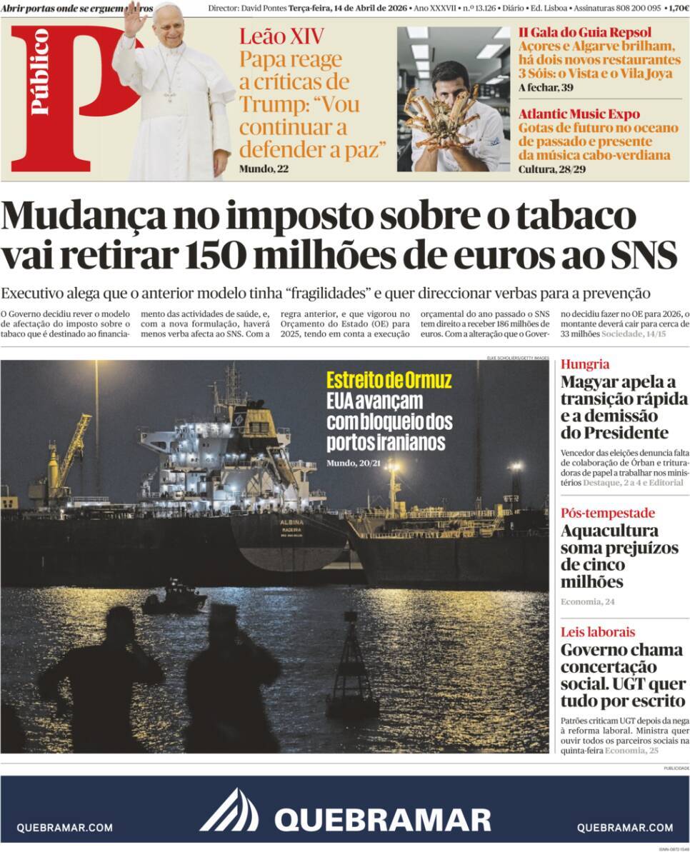 P&uacute;blico: Capa da Edi&ccedil;&atilde;o de ter&ccedil;a-feira, 14 de abril 2026