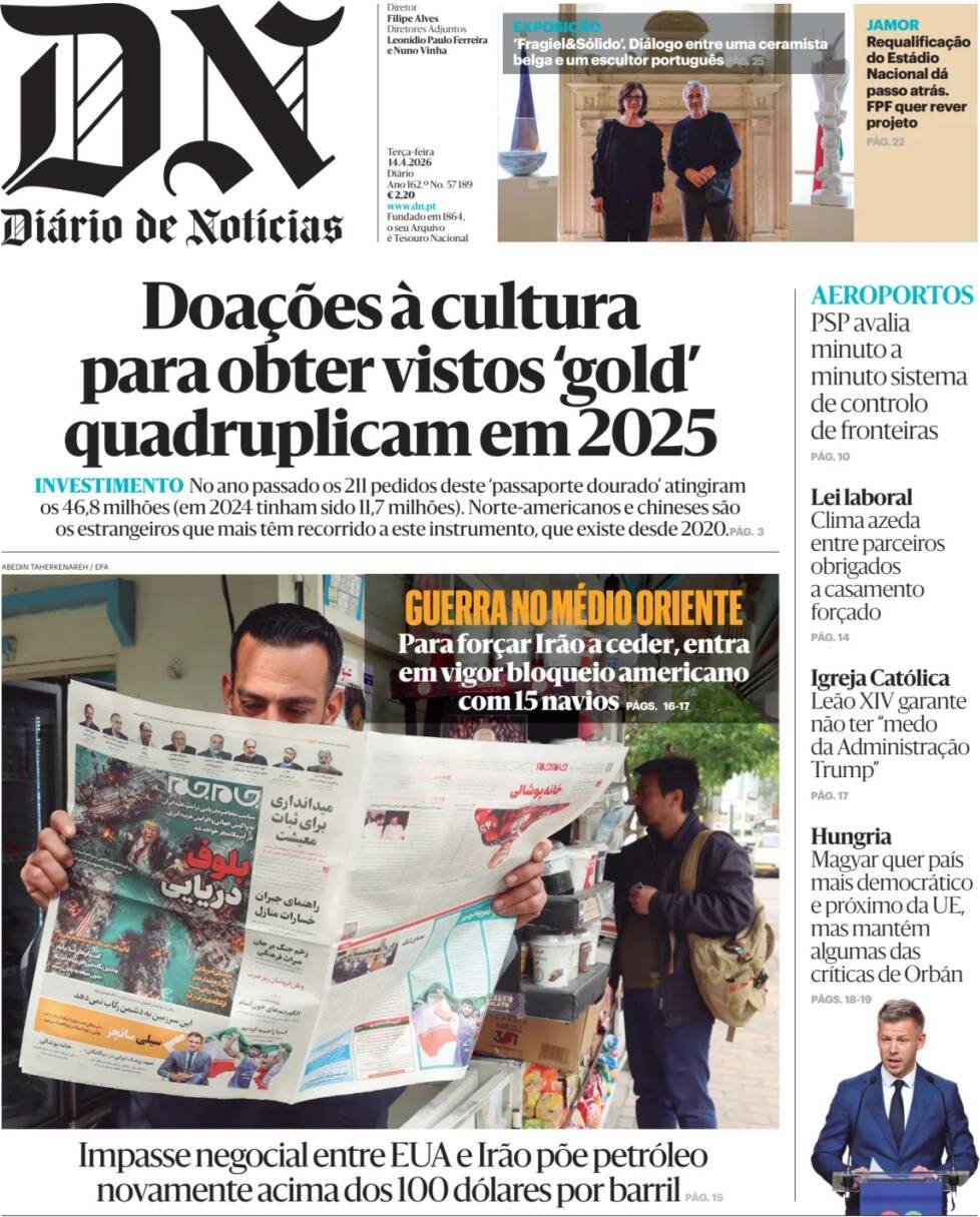 Di&aacute;rio de Not&iacute;cias: Capa da Edi&ccedil;&atilde;o de ter&ccedil;a-feira, 14 de abril 2026