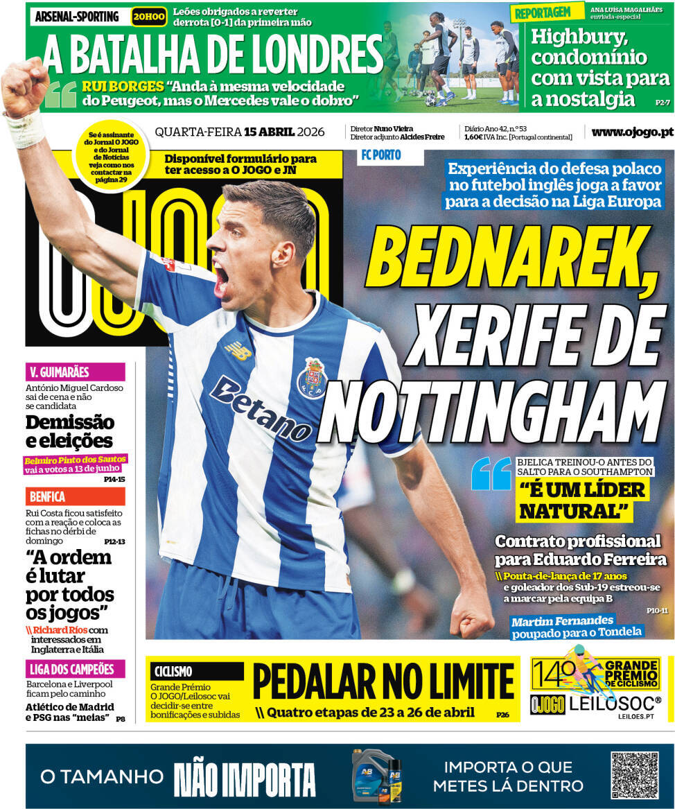 O Jogo: Capa da Edi&ccedil;&atilde;o de quarta-feira, 15 de abril 2026