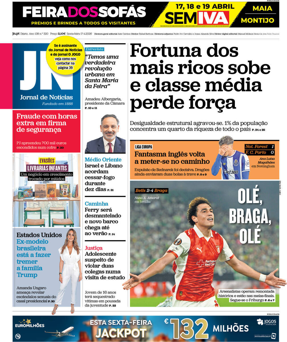 Jornal de Not&iacute;cias: Capa da Edi&ccedil;&atilde;o de sexta-feira, 17 de abril 2026
