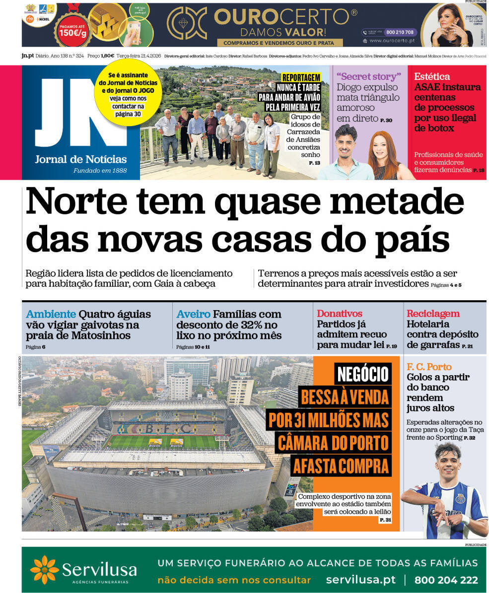 Jornal de Not&iacute;cias: Capa da Edi&ccedil;&atilde;o de ter&ccedil;a-feira, 21 de abril 2026