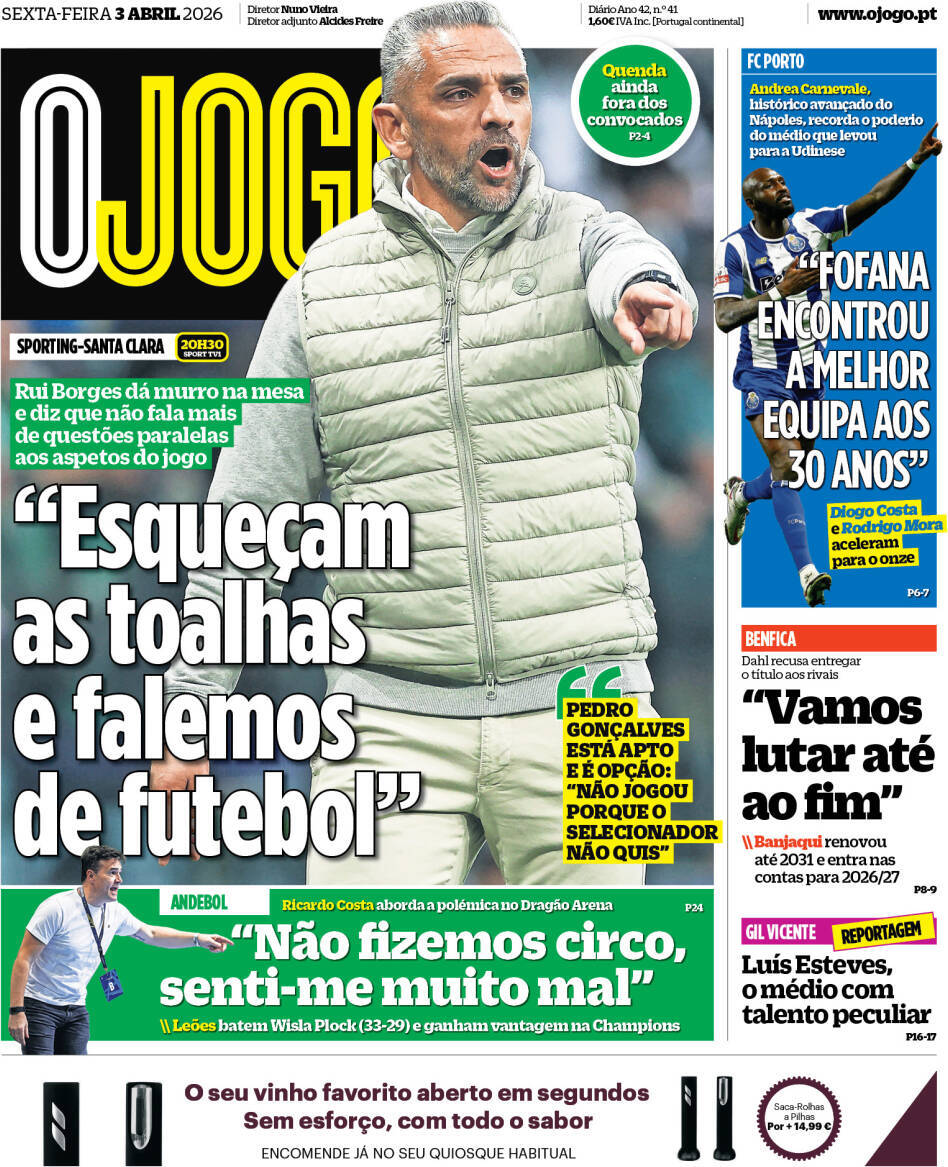O Jogo: Capa da Edi&ccedil;&atilde;o de sexta-feira, 03 de abril 2026